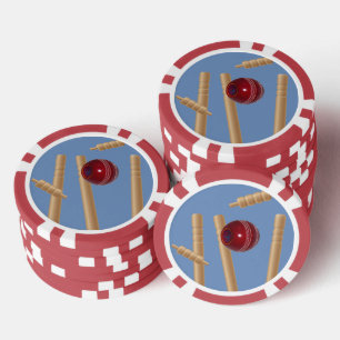 Cricket Ball On Blue Smashing Cricket Stumps, Poker Chips