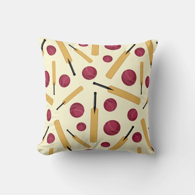Cricket Bat and Ball Fun Cartoon Patterned Throw Pillow (Front)