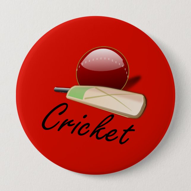 Cricket bat and ball, labelled, 4 inch round button (Front)