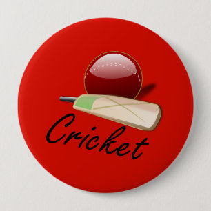 Cricket bat and ball, labelled, 4 inch round button