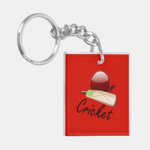 Cricket bat and ball, labelled, keychain