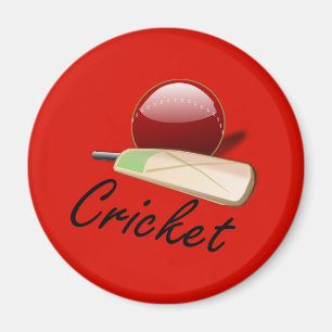Cricket bat and ball, labelled, magnet
