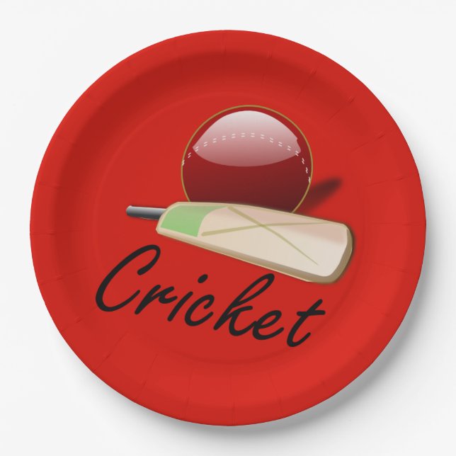 Cricket bat and ball, labelled, paper plate (Front)