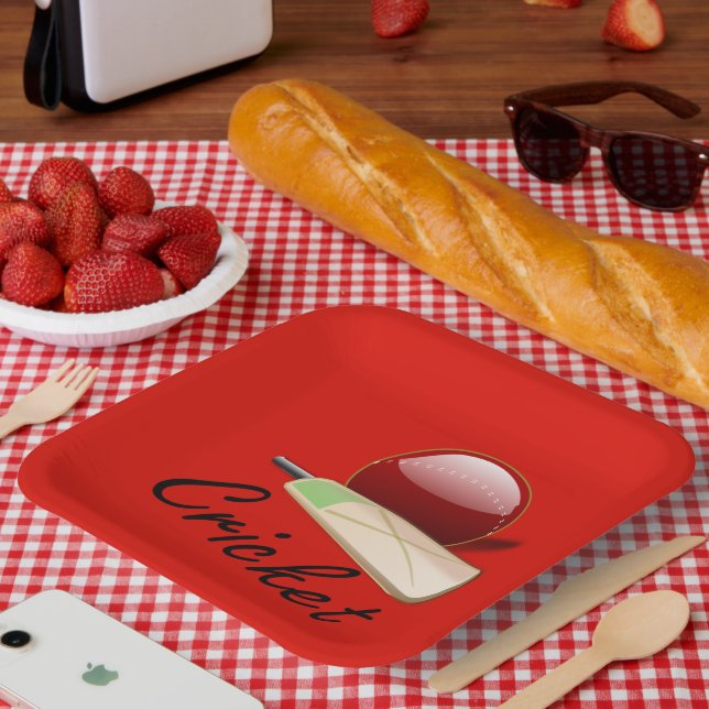 Cricket bat and ball, labelled, paper plate (Picnic)