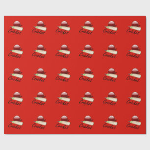 Cricket bat and ball, labelled, wrapping paper