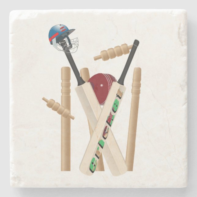Cricket Bats Ball And Wickets, Stone Coaster (Front)