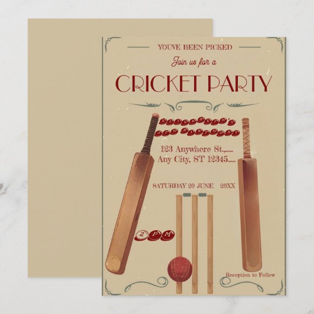 Cricket Birthday Party Sports Invitation (Front/Back)
