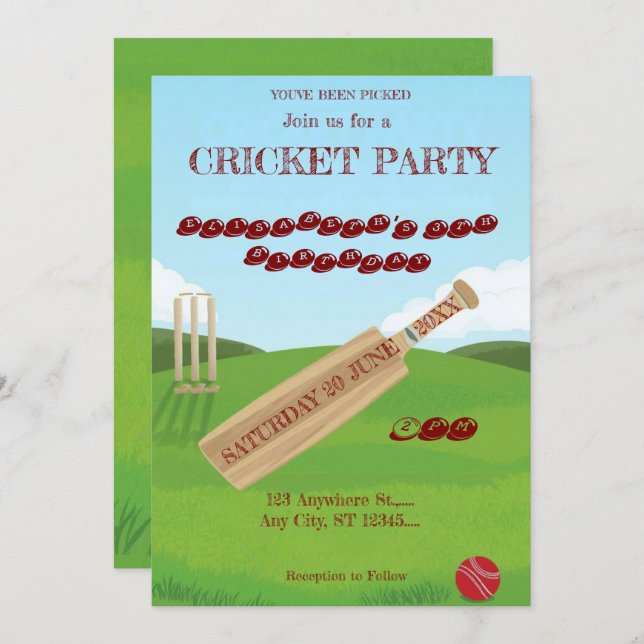 Cricket Birthday Party Sports Invitation (Front/Back)
