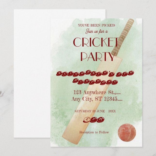 Cricket Birthday Party Sports Invitation (Front/Back)