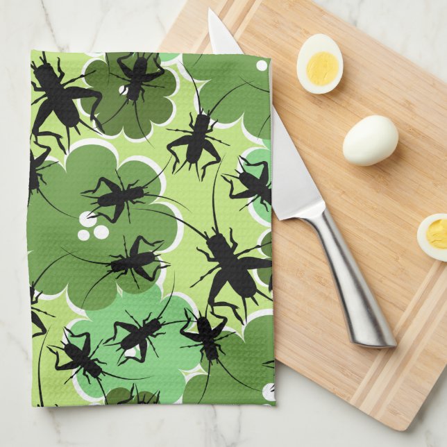 Cricket Floral Pattern Green + Black Kitchen Towel (Quarter Fold)
