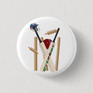 Cricket Helmet, Bats And Ball,  1 Inch Round Button