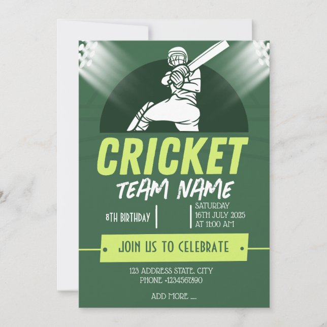 Cricket party theme invitation Card (Front)