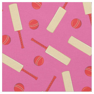 Cricket Sports Bats and Balls Boys Decor Pink Fabric
