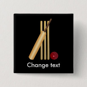 Cricket, wicket, bat and ball 2 inch square button