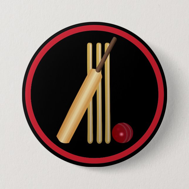 Cricket, wicket, bat and ball 3 inch round button (Front)