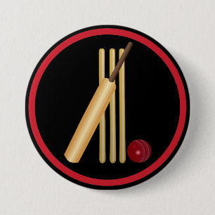 Cricket, wicket, bat and ball 3 inch round button