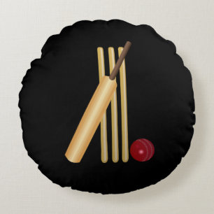 Cricket - Wicket, Bat and Ball, Black Background Round Pillow