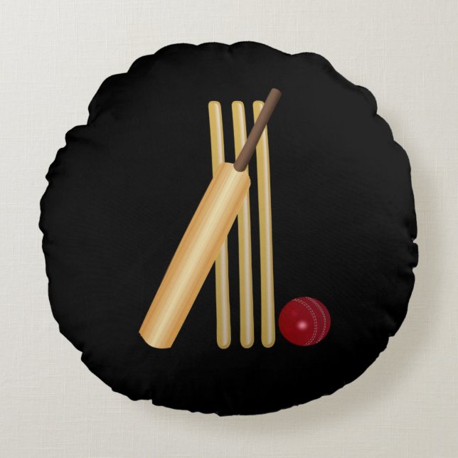 Cricket - Wicket, Bat and Ball, Black Background Round Pillow (Front)