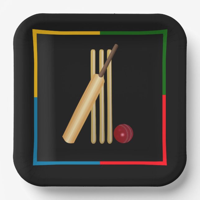 Cricket, wicket, bat and ball,  paper plate (Front)