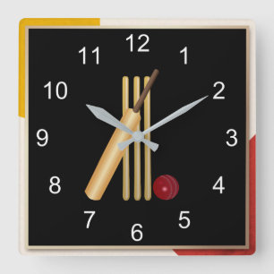 Cricket - wicket, bat and ball, popular design, square wall clock