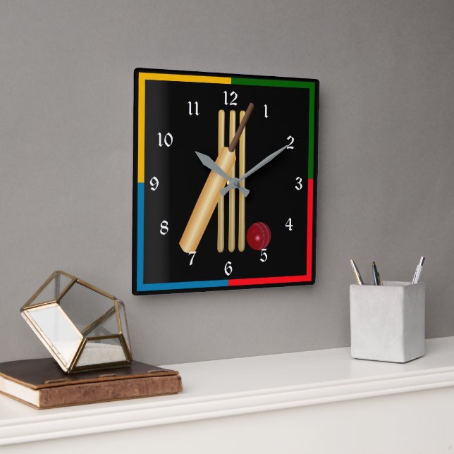 Cricket, wicket, bat and ball square wall clock (Office)