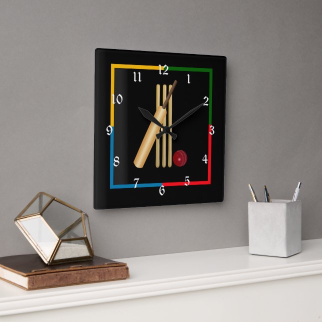 Cricket, wicket, bat and ball, square wall clock (Office)