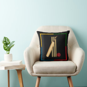 Cricket, wicket, bat and ball, throw pillow