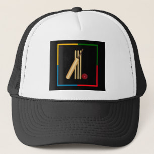 Cricket, wicket, bat and ball,  trucker hat
