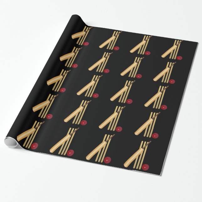 Cricket, wicket, bat and ball wrapping paper (Unrolled)