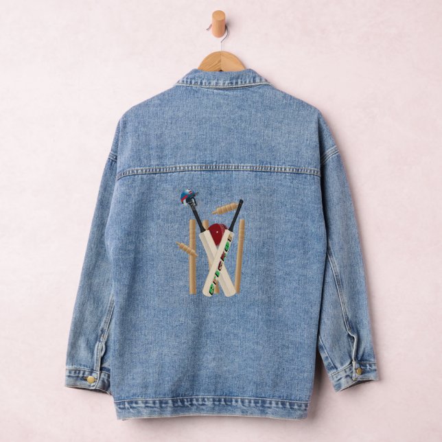 Cricket Wickets And Ball, Ladies Denim Jacket (Hangar)