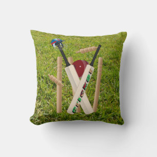 Cricket Wickets On Green Grass, Throw Pillow