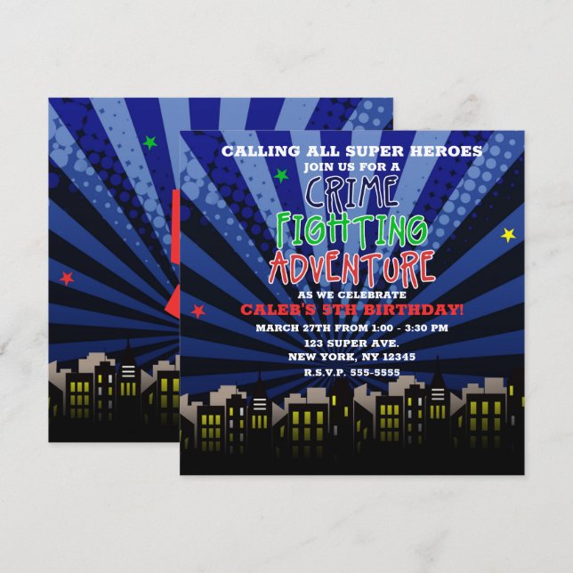 Crime Fighting Adventure Super Hero Birthday Party Invitation (Front/Back)