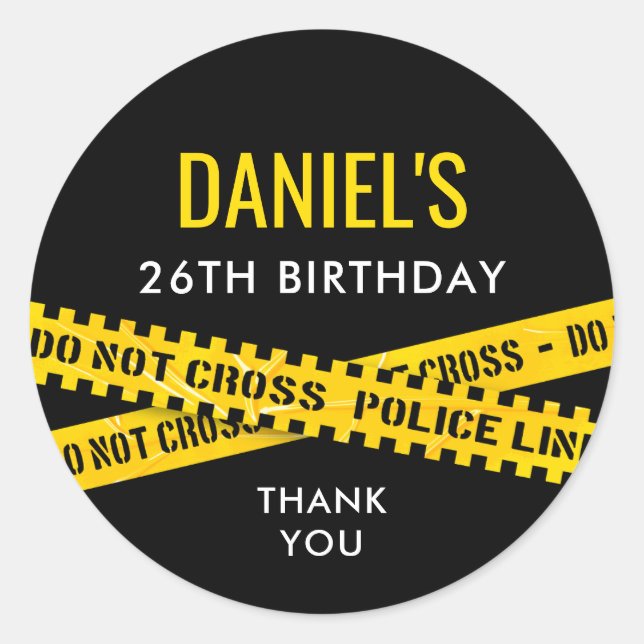 Crime Scene Birthday Party with Yellow Police Tape Classic Round Sticker (Front)