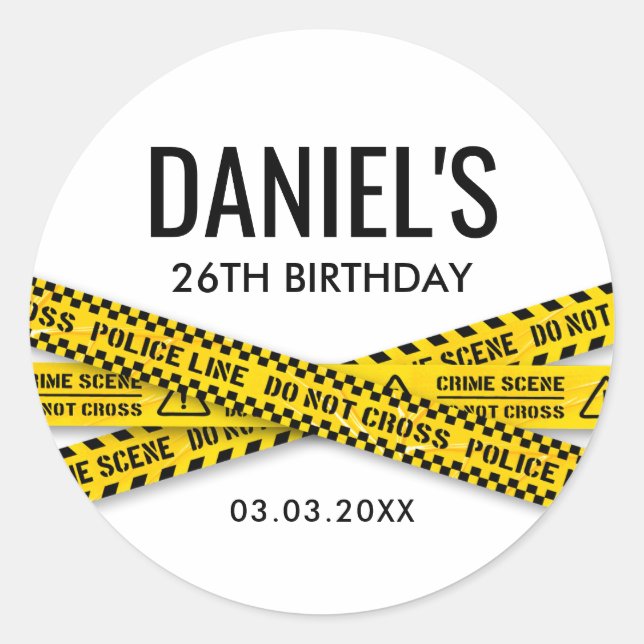 Crime Scene Birthday Party with Yellow Police Tape Classic Round Sticker (Front)