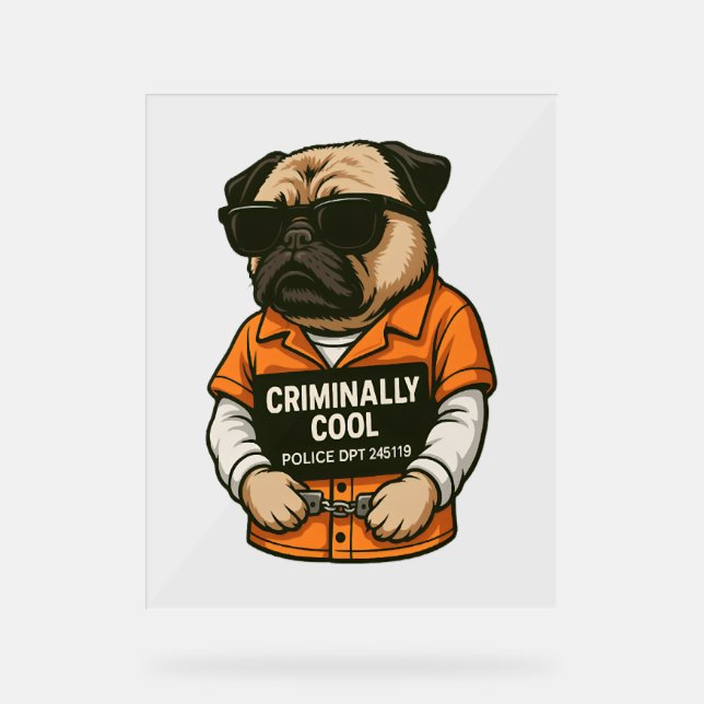 Criminally Cool Pug – Funny Mugshot Dog Design Acrylic Sign (Front)