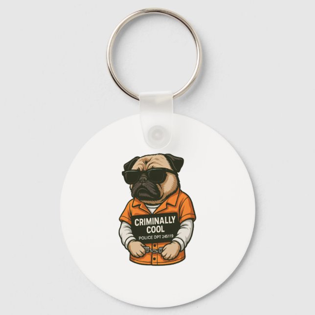 Criminally Cool Pug � Funny Mugshot Dog Design Keychain (Front)