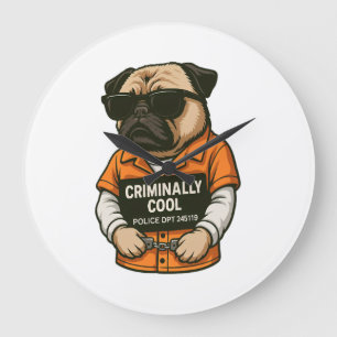 Criminally Cool Pug � Funny Mugshot Dog Design Large Clock