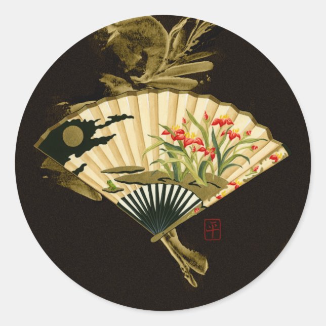 Crimped Oriental Fan with Floral Design Classic Round Sticker (Front)