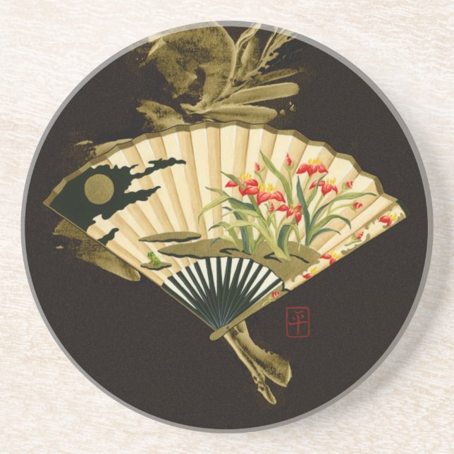 Crimped Oriental Fan with Floral Design Coaster (Front)