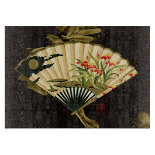 Crimped Oriental Fan with Floral Design Cutting Board