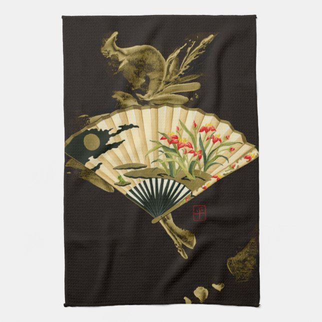 Crimped Oriental Fan with Floral Design Kitchen Towel (Vertical)