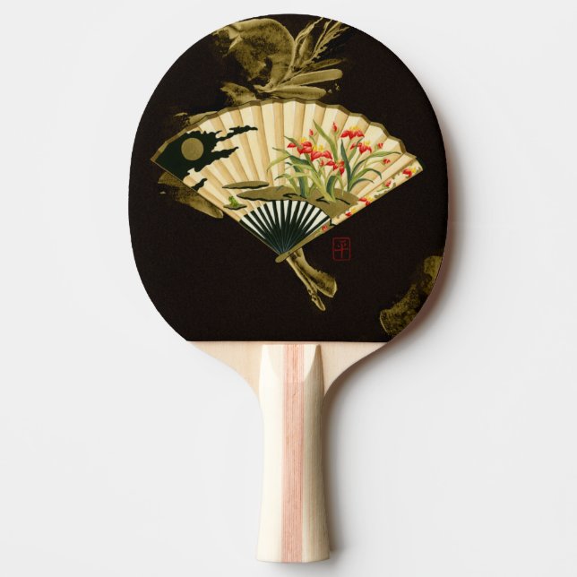 Crimped Oriental Fan with Floral Design Ping Pong Paddle (Front)