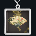 Crimped Oriental Fan with Floral Design Silver Plated Necklace<br><div class="desc">Painting of a crimped oriental fan with a floral design. The black background lets the colours on the fan pop off the print. Hang this on your wall and enjoy!</div>