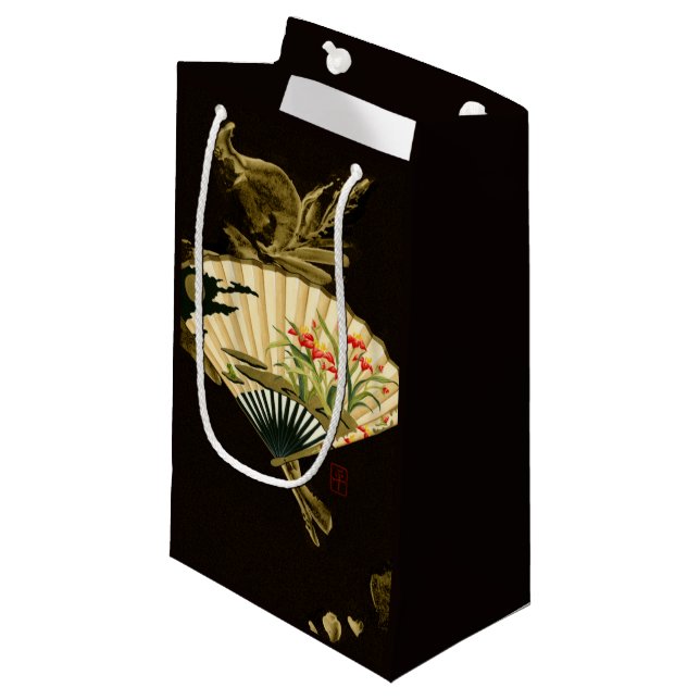 Crimped Oriental Fan with Floral Design Small Gift Bag (Front Angled)