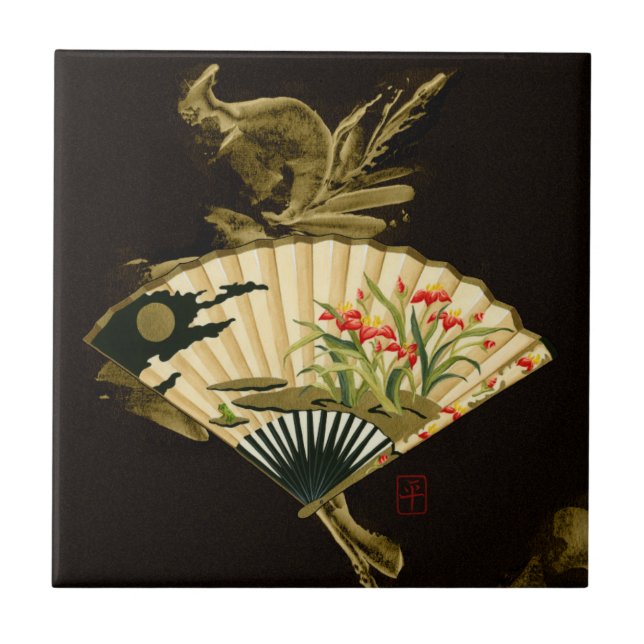 Crimped Oriental Fan with Floral Design Tile (Front)