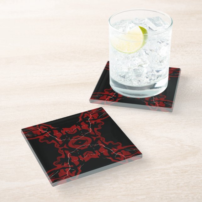 Crimson Abstract Red Black White Fluid Art Glass Coaster (Angled)