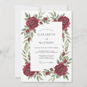 Crimson Antique Rose Wreath Wedding Invitation