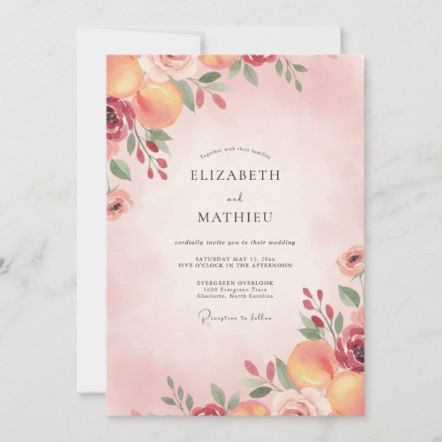 Crimson Apricot Bloom Wedding Invitation (Front)
