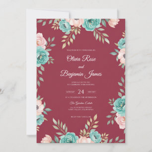 Crimson Aqua Blossom Wedding Invitation