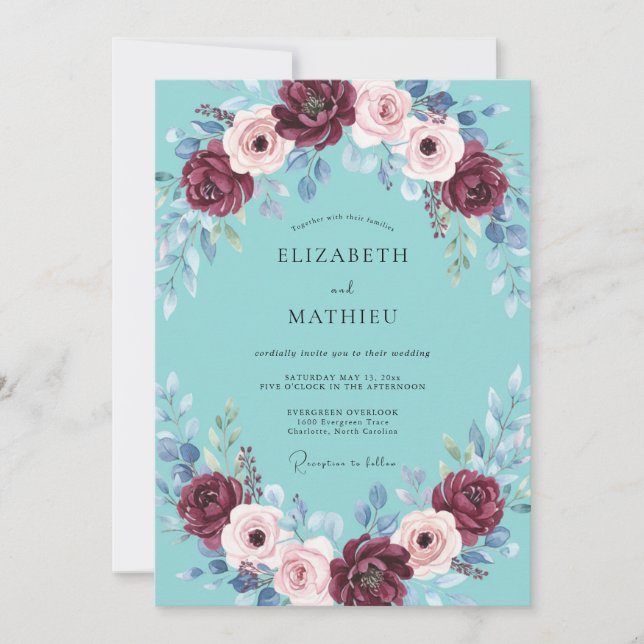 Crimson Aqua Wreath Wedding Invitation (Front)